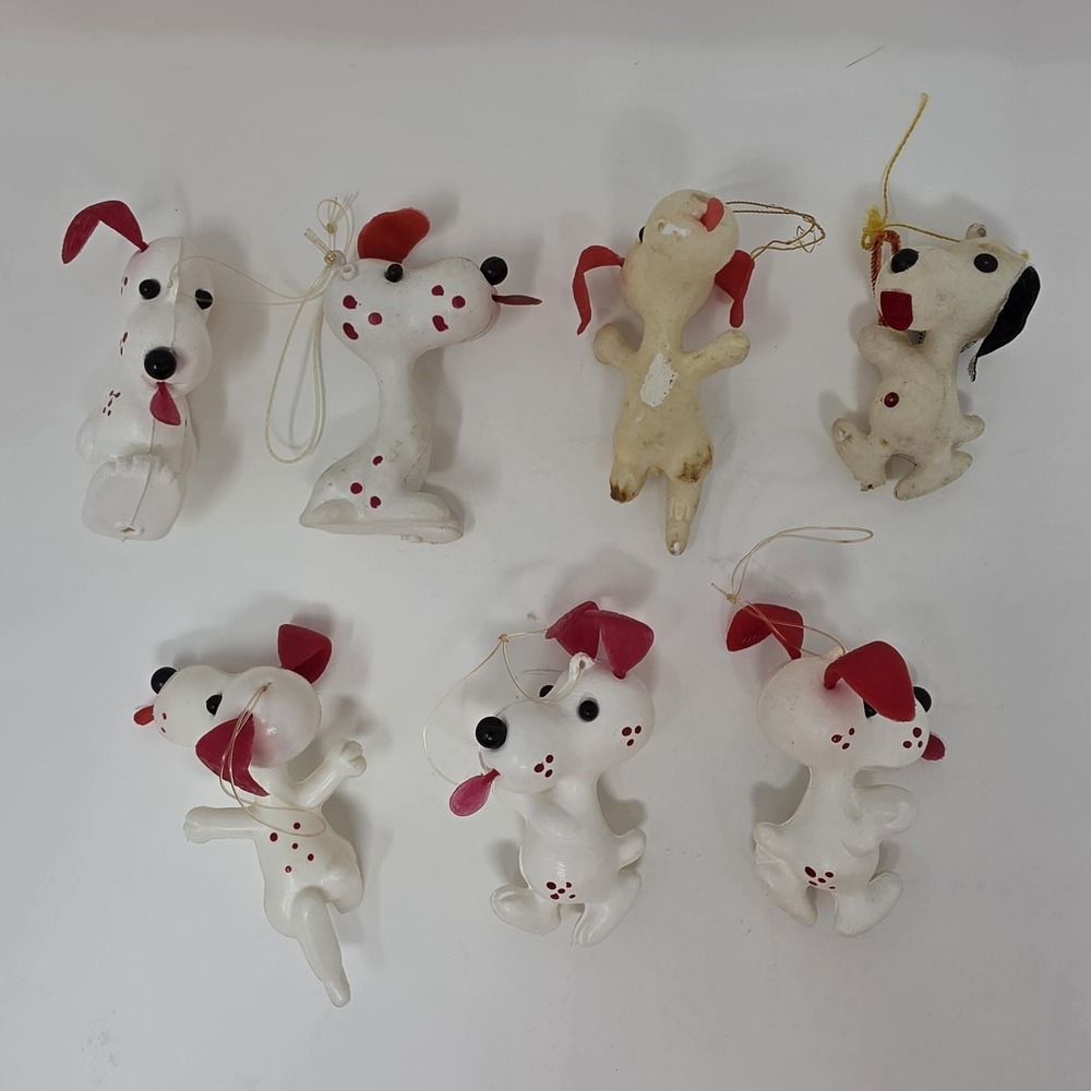 7 Vintage White & Red Plastic Snoopy Dog Christmas Ornaments *Read*